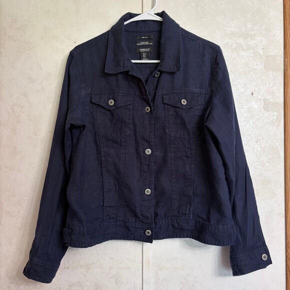 Jones & Co Jackets & Blazers - Jones & Co 100% Linen Navy Crop Trucker Jacket Nautical Coastal Minimalist L